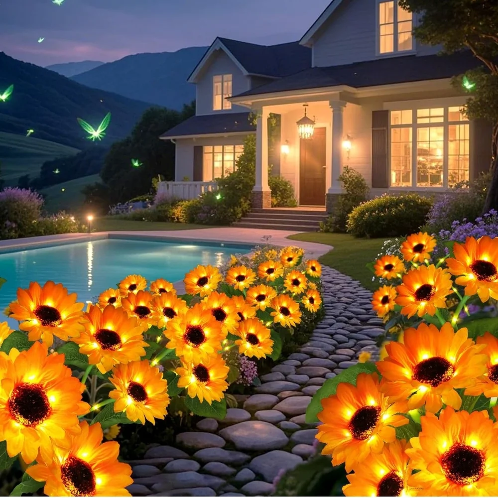 Solar-Powered Sunflower Garden Lights 4 Pack 24 Sunflower Lights,